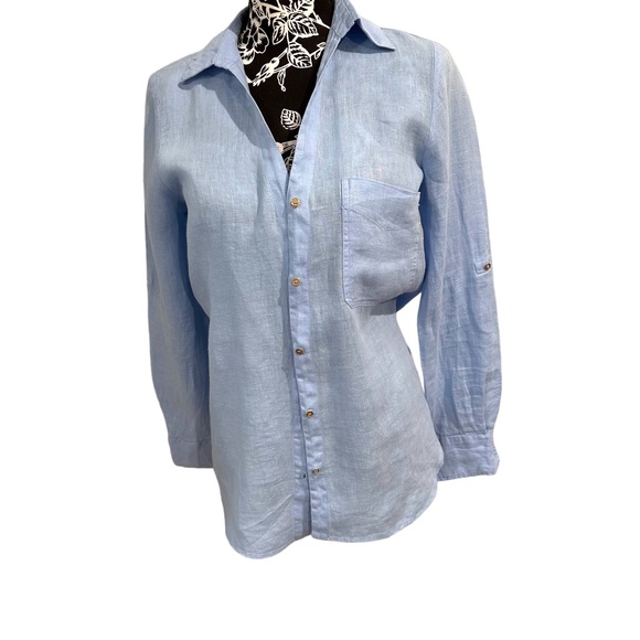 ZARA Linen Top Long Sleeve Button-Up Shirt Light Blue Size XS - Picture 7 of 9